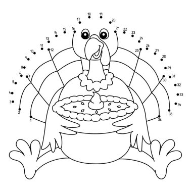 Noktaları birleştiren şirin ve komik bir hindi elinde pasta boyama sayfası tutuyor.