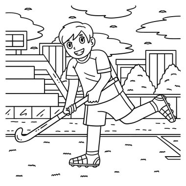 Hokey sopasıyla koşan hokey oyuncusunun sevimli ve komik renkli sayfası. Çocuklar için saatlerce boyama eğlencesi sağlıyor. Bu sayfayı boyamak çok kolaydır. Küçük çocuklar ve yeni yürümeye başlayanlar için uygun..