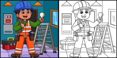 Bu boyama sayfası Ampullü bir inşaat işçisi elektrikçiyi gösteriyor. Bu illüstrasyonun bir tarafı renkli ve çocuklar için bir ilham kaynağı..