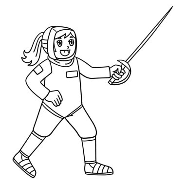 Sabre ile eskrim yapan bir kadın eskrimcinin sevimli ve komik renkli sayfası. Çocuklar için saatlerce boyama eğlencesi sağlıyor. Bu sayfayı boyamak çok kolaydır. Küçük çocuklar ve yeni yürümeye başlayanlar için uygun..