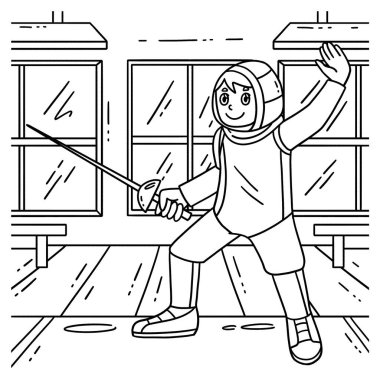 En Garde pozisyonunda eskrim yapan bir erkek eskrimcinin sevimli ve komik renkli sayfası. Çocuklar için saatlerce boyama eğlencesi sağlıyor. Bu sayfayı boyamak çok kolaydır. Küçük çocuklar ve yeni yürümeye başlayanlar için uygun.. 