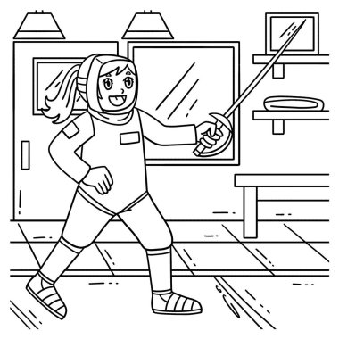 Sabre ile eskrim yapan bir kadın eskrimcinin sevimli ve komik renkli sayfası. Çocuklar için saatlerce boyama eğlencesi sağlıyor. Bu sayfayı boyamak çok kolaydır. Küçük çocuklar ve yeni yürümeye başlayanlar için uygun.. 