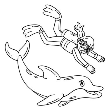 Yunusla yüzen bir dalış kadınının şirin ve komik renkli sayfası. Çocuklar için saatlerce boyama eğlencesi sağlıyor. Bu sayfayı boyamak çok kolaydır. Küçük çocuklar ve yeni yürümeye başlayanlar için uygun..