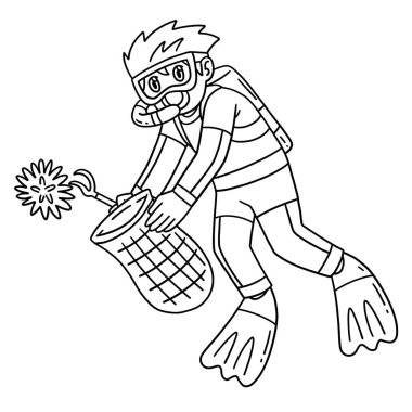 Deniz kestanesi toplayan dalgıç bir erkeğin sevimli ve komik renkli sayfası. Çocuklar için saatlerce boyama eğlencesi sağlıyor. Bu sayfayı boyamak çok kolaydır. Küçük çocuklar ve yeni yürümeye başlayanlar için uygun..