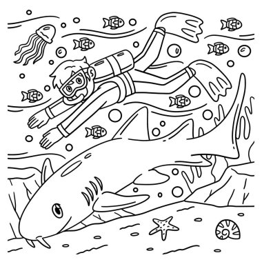 Köpekbalığıyla Yüzen Dalgıç Erkek 'in şirin ve komik renkli bir sayfası. Çocuklar için saatlerce boyama eğlencesi sağlıyor. Bu sayfayı boyamak çok kolaydır. Küçük çocuklar ve yeni yürümeye başlayanlar için uygun..