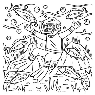 A cute and funny coloring page of a Scuba Diving Male Swimming with Fish. Provides hours of coloring fun for children. To color this page is very easy. Suitable for little kids and toddlers.