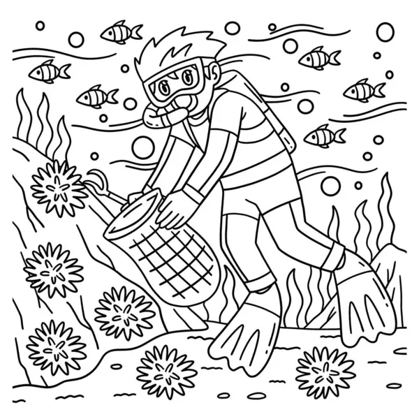 Deniz kestanesi toplayan dalgıç bir erkeğin sevimli ve komik renkli sayfası. Çocuklar için saatlerce boyama eğlencesi sağlıyor. Bu sayfayı boyamak çok kolaydır. Küçük çocuklar ve yeni yürümeye başlayanlar için uygun..