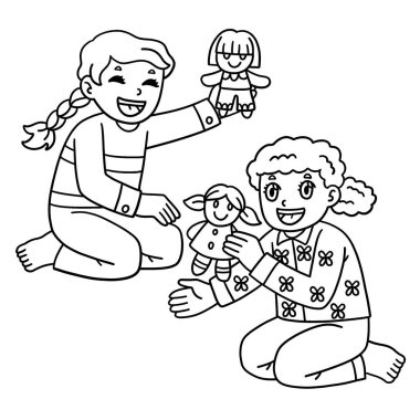 Oyuncak bebeklerle oynayan yatılı kızların sevimli ve komik renkli sayfası. Çocuklar için saatlerce boyama eğlencesi sağlıyor. Bu sayfayı boyamak çok kolaydır. Küçük çocuklar ve yeni yürümeye başlayanlar için uygun..