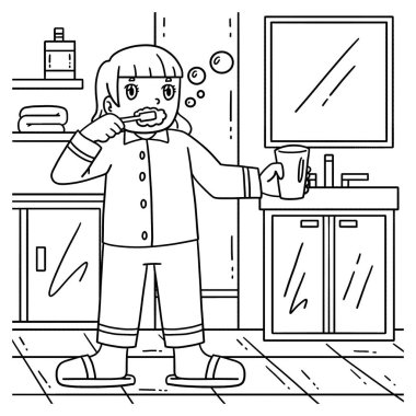 Dişlerini fırçalayan yatılı bir kızın sevimli ve komik renkli sayfası. Çocuklar için saatlerce boyama eğlencesi sağlıyor. Bu sayfayı boyamak çok kolaydır. Küçük çocuklar ve yeni yürümeye başlayanlar için uygun..