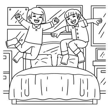 Yataktaki Kızların şirin ve komik renkli sayfası yatağa atlıyor. Çocuklar için saatlerce boyama eğlencesi sağlıyor. Bu sayfayı boyamak çok kolaydır. Küçük çocuklar ve yeni yürümeye başlayanlar için uygun..