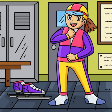 Bu karikatür, ekipman çizimi giyen bir kadın hız patencisini gösteriyor..