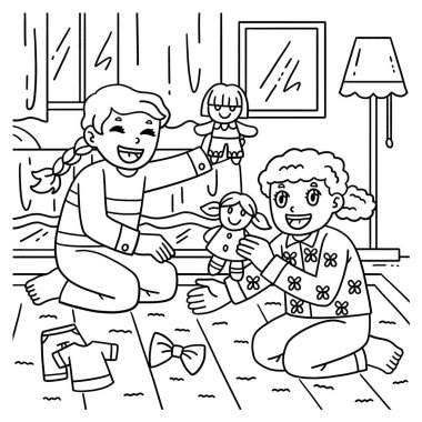 Oyuncak bebeklerle oynayan yatılı kızların sevimli ve komik renkli sayfası. Çocuklar için saatlerce boyama eğlencesi sağlıyor. Bu sayfayı boyamak çok kolaydır. Küçük çocuklar ve yeni yürümeye başlayanlar için uygun..