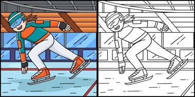Bu boyama sayfası zemindeki kadın bir hız patencisini gösteriyor. Bu illüstrasyonun bir tarafı renkli ve çocuklar için bir ilham kaynağı.. 