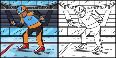 Bu renkli sayfa Başlangıç Çizgisi 'nde hız yapan bir erkek kaykaycıyı gösteriyor. Bu illüstrasyonun bir tarafı renkli ve çocuklar için bir ilham kaynağı.. 