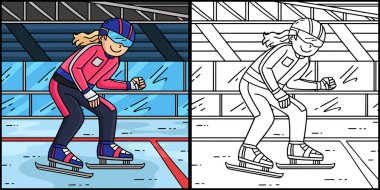 Bu renklendirme sayfası başlangıç çizgisinde bir kadın hız patenciyi gösteriyor. Bu illüstrasyonun bir tarafı renkli ve çocuklar için bir ilham kaynağı.. 