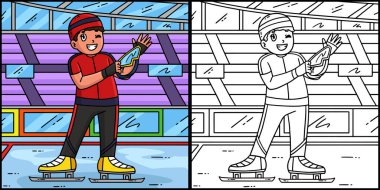 Bu boyama sayfasında ekipman giyen hızlı bir erkek patenci var. Bu illüstrasyonun bir tarafı renkli ve çocuklar için bir ilham kaynağı.. 