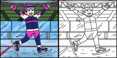 Bu renkli sayfada Hız Pateni yapan Kadın Yükselen Eller var. Bu illüstrasyonun bir tarafı renkli ve çocuklar için bir ilham kaynağı.. 