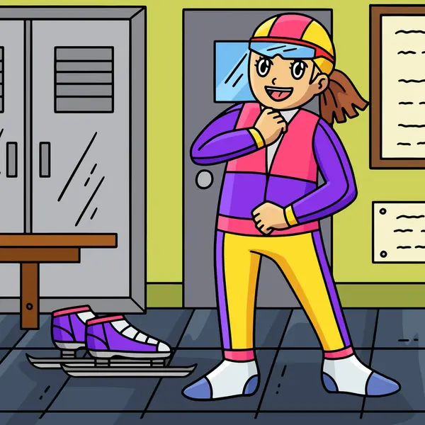 Bu karikatür, ekipman çizimi giyen bir kadın hız patencisini gösteriyor..