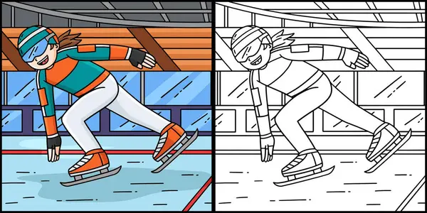 Bu boyama sayfası zemindeki kadın bir hız patencisini gösteriyor. Bu illüstrasyonun bir tarafı renkli ve çocuklar için bir ilham kaynağı.. 
