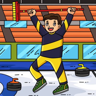 Bu karikatür, Broom illüstrasyonunu yükselten bir Curling Erkek Curler 'ı gösteriyor..