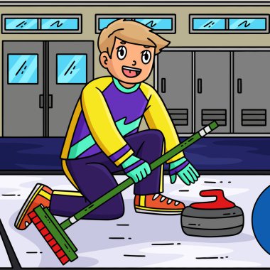 Bu karikatür, taş resimli bir Curling Erkek Sporcuyu gösteriyor..