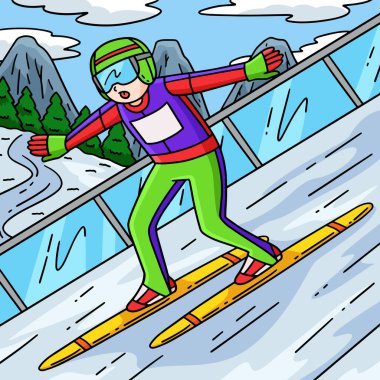 Bu karikatür zirvesinde bir Erkek Kayakçı Telemark İniş illüstrasyonunu göstermektedir..