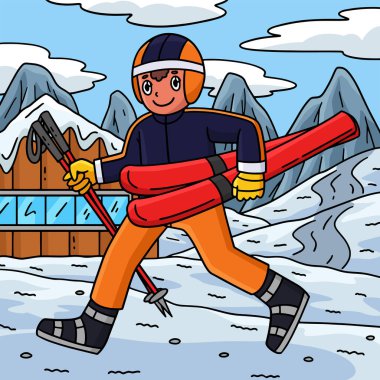 Bu karikatür, kaykay resimlerini taşıyan bir kayakçıyı gösteriyor.. 