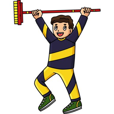 Bu karikatür, Broom illüstrasyonunu yükselten bir Curling Erkek Curler 'ı gösteriyor.. 