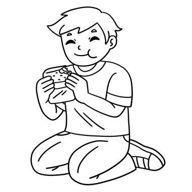 Okul bahçesinde yemek yiyen bir çocuğun sevimli ve komik renkli sayfası. Çocuklar için saatlerce boyama eğlencesi sağlıyor. Bu sayfayı boyamak çok kolaydır. Küçük çocuklar ve yeni yürümeye başlayanlar için uygun.. 