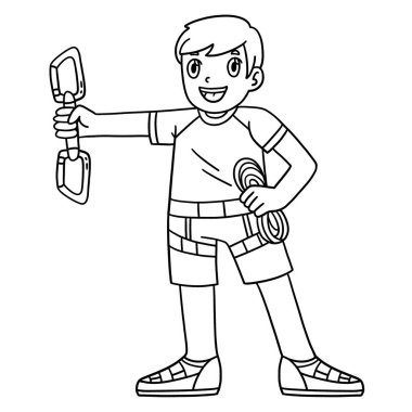 Tırmanma ekipmanı giyen bir kayalık çocuğun sevimli ve komik renkli sayfası. Çocuklar için saatlerce boyama eğlencesi sağlıyor. Bu sayfayı boyamak çok kolaydır. Küçük çocuklar ve yeni yürümeye başlayanlar için uygun..