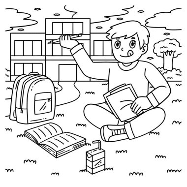 Okul bahçesinde çim biçen bir çocuğun sevimli ve komik renkli sayfası. Çocuklar için saatlerce boyama eğlencesi sağlıyor. Bu sayfayı boyamak çok kolaydır. Küçük çocuklar ve yeni yürümeye başlayanlar için uygun.. 