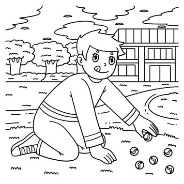 Okul bahçesindeki misket oynayan çocuğun sevimli ve komik renkli sayfası. Çocuklar için saatlerce boyama eğlencesi sağlıyor. Bu sayfayı boyamak çok kolaydır. Küçük çocuklar ve yeni yürümeye başlayanlar için uygun.. 