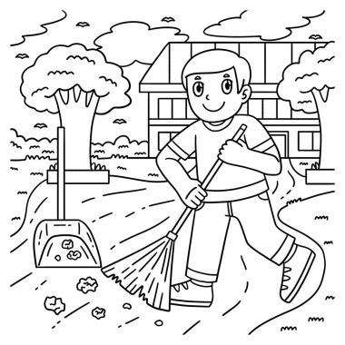 Okulun bahçesini temizleyen bir çocuğun sevimli ve komik renkli sayfası. Çocuklar için saatlerce boyama eğlencesi sağlıyor. Bu sayfayı boyamak çok kolaydır. Küçük çocuklar ve yeni yürümeye başlayanlar için uygun.. 