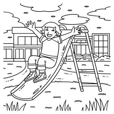 Okul bahçesinden kayan kızın sevimli ve komik renkli bir sayfası. Çocuklar için saatlerce boyama eğlencesi sağlıyor. Bu sayfayı boyamak çok kolaydır. Küçük çocuklar ve yeni yürümeye başlayanlar için uygun.. 