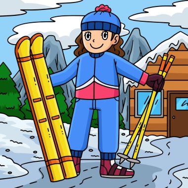 Bu karikatür, kayak tahtası resimli bir kayakçı kızı gösteriyor.. 