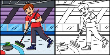 Bu renklendirme sayfası, erkek bigudisinin yüzeyi süpürdüğünü gösteriyor. Bu illüstrasyonun bir tarafı renkli ve çocuklar için bir ilham kaynağı..