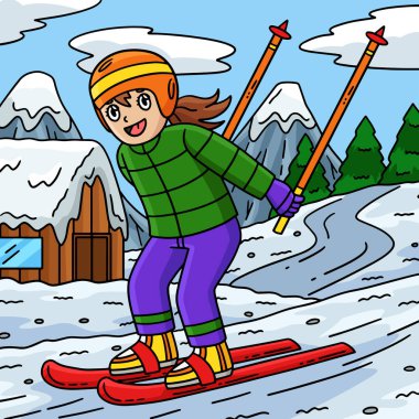 Bu karikatür, Kayak Tahtası çizimi ile süzülen Kayakçı Kız 'ı gösteriyor.. 