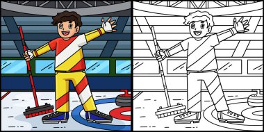 Bu renklendirme sayfasında Süpürgesi olan bir erkek sporcu var. Bu illüstrasyonun bir tarafı renkli ve çocuklar için bir ilham kaynağı..