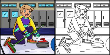 Bu renklendirme sayfası, taşlı bir erkek sporcuyu gösteriyor. Bu illüstrasyonun bir tarafı renkli ve çocuklar için bir ilham kaynağı..