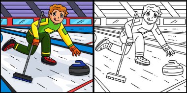 Bu renklendirme sayfasında bir Curling Male Skip 'in Taş Getirdiğini gösteriyor. Bu illüstrasyonun bir tarafı renkli ve çocuklar için bir ilham kaynağı..