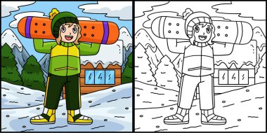 Bu boyama sayfasında Snowboard 'lu bir kız var. Bu illüstrasyonun bir tarafı renkli ve çocuklar için bir ilham kaynağı..