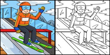 Bu renklendirme sayfası bir kadın kayakçı üst eğrisini gösterir. Bu illüstrasyonun bir tarafı renkli ve çocuklar için bir ilham kaynağı.. 