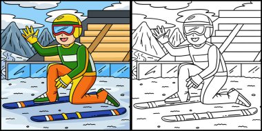 Bu renkli sayfada Erkek Kayakçı Fastening Ski Ski Sörf Tahtaları var. Bu illüstrasyonun bir tarafı renkli ve çocuklar için bir ilham kaynağı.. 