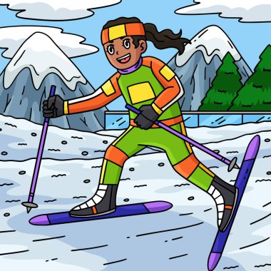 Bu karikatür klipinde kayak direkleri çizen dişi bir biatlet var..