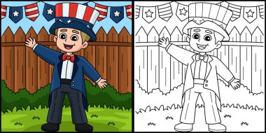 Bu boyama sayfasında 4 Temmuz 'da Sam Amca' yı Giydiren Çocuk var. Bu illüstrasyonun bir tarafı renkli ve çocuklar için bir ilham kaynağı..