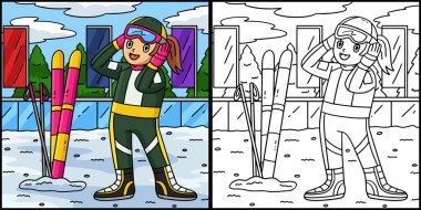 Bu boyama sayfasında bir bayan biatloncunun gözlüklerini düzelttiği görülüyor. Bu illüstrasyonun bir tarafı renkli ve çocuklar için bir ilham kaynağı.