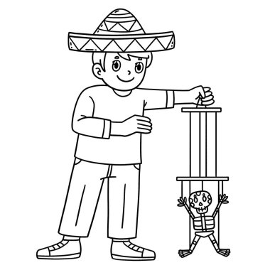 Dia de los Muertos Boy İskelet Kuklaları 'nın sevimli ve komik renkli bir sayfası. Çocuklar için saatlerce boyama eğlencesi sağlıyor. Bu sayfayı boyamak çok kolaydır. Küçük çocuklar ve yeni yürümeye başlayanlar için uygun.. 