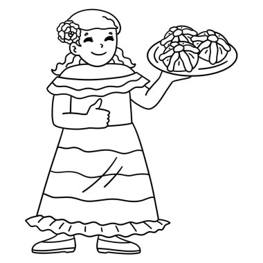 Tatlı ve komik bir Dia de los Muertos sayfası Pan de Muerto ile birlikte. Çocuklar için saatlerce boyama eğlencesi sağlıyor. Bu sayfayı boyamak çok kolaydır. Küçük çocuklar ve yeni yürümeye başlayanlar için uygun.. 