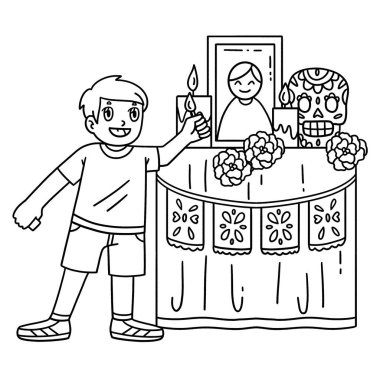 Ofrenda 'da mum yakan Dia de los Muertos' un sevimli ve komik renkli sayfası. Çocuklar için saatlerce boyama eğlencesi sağlıyor. Bu sayfayı boyamak çok kolaydır. Küçük çocuklar ve yeni yürümeye başlayanlar için uygun.. 