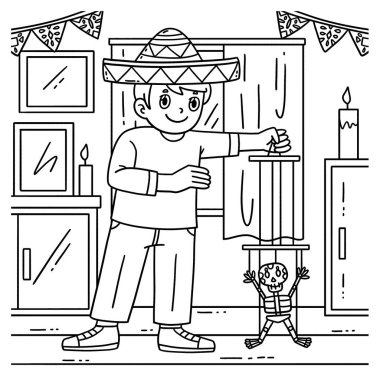 İskelet Kuklalı Dia de los Muertos Boy 'un şirin ve komik renkli bir sayfası. Çocuklar için saatlerce boyama eğlencesi sağlıyor. Bu sayfayı boyamak çok kolaydır. Küçük çocuklar ve yeni yürümeye başlayanlar için uygun.. 